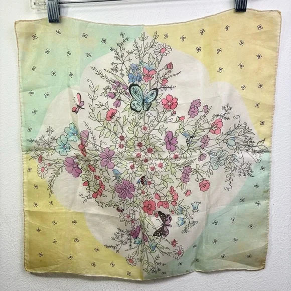 Vintage 60s square silk scarf garden floral butterflies painted hand rolled edge - Picture 6 of 16